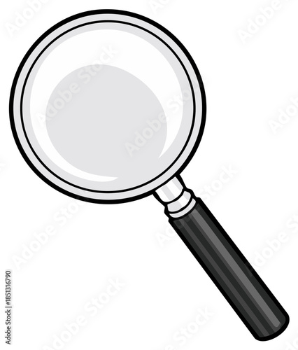 Magnifying glass illustration showing lens and handle, searching, inspection.
