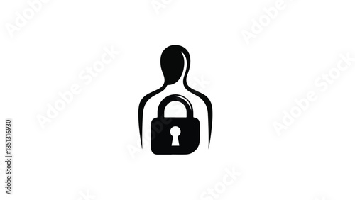 Security concept with protected person silhouette and padlock in front of torso, symbolizing privacy and data protection in modern digital age