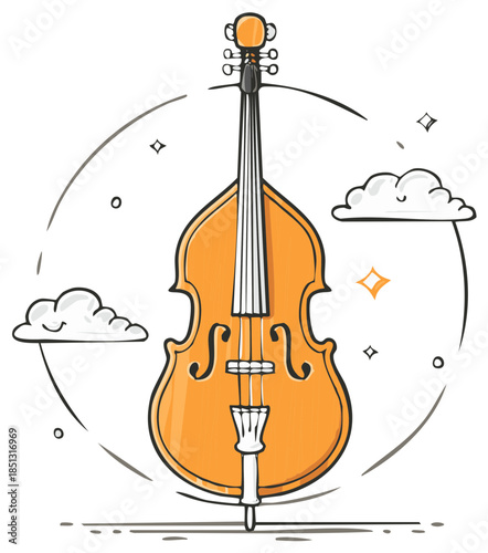 Dreamy Contrabass Illustration with Clouds, Stars, and Artistic Circular Design Elements