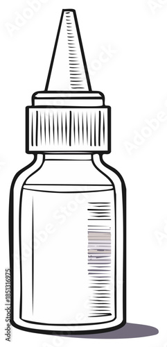 Detailed line art illustration of a small liquid dispenser bottle with a precise applicator tip