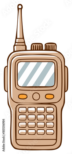 Cartoon vintage handheld two way radio communication device with antenna and keypad