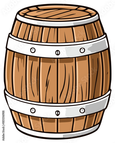 Vintage wooden storage barrel with steel hoops cartoon vector graphic
