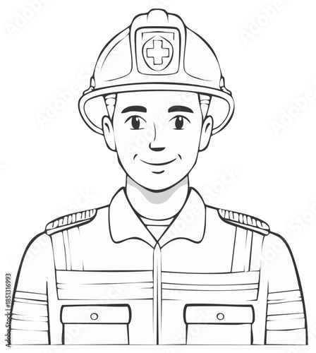Cartoon style line drawing of a cheerful male emergency worker with a safety helmet