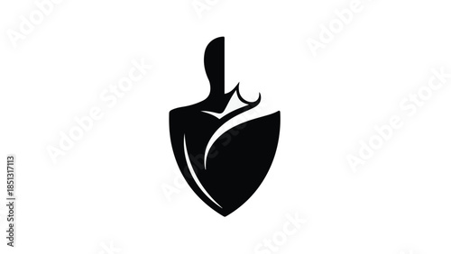 Black shield icon with leaf symbol on white background, protection and nature concept, modern logo design element for eco friendly business or security service