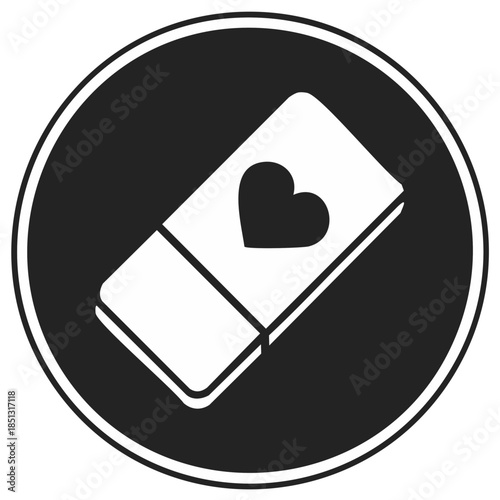 Black and white circular icon of an eraser with a heart symbol for a breakup concept