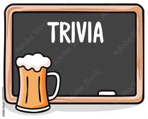 Illustrated chalkboard display with trivia message and beer mug for game night entertainment