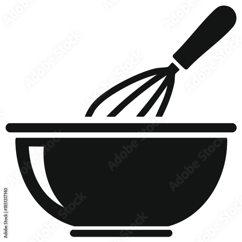 Black outline icon of a whisk mixing ingredients in a bowl