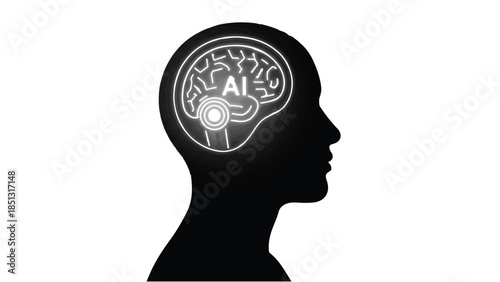 Artificial intelligence concept with human head and brain showing AI inside, symbolizing machine learning and innovation in technology and business