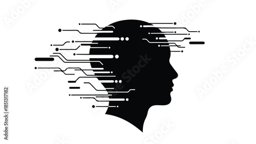 Black silhouette of human head with circuit board lines and dots emerging from brain, representing artificial intelligence and technology concept