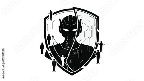 Protective shield with silhouette of person and team members standing together in unity and security concept for business or cybersecurity