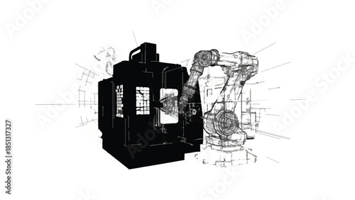 Industrial robotic arm and black electronic device mechanical engineering technology concept illustration
