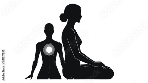 Silhouette of two women practicing yoga meditation in peaceful serene setting with glowing solar plexus chakra