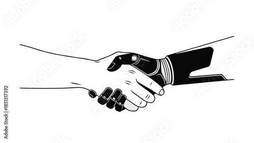 Human and robotic hand shaking hands in modern futuristic gesture of partnership and cooperation