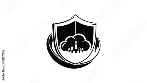 Cloud computing security shield logo icon with cityscape and protection symbol in black and white for cybersecurity concept