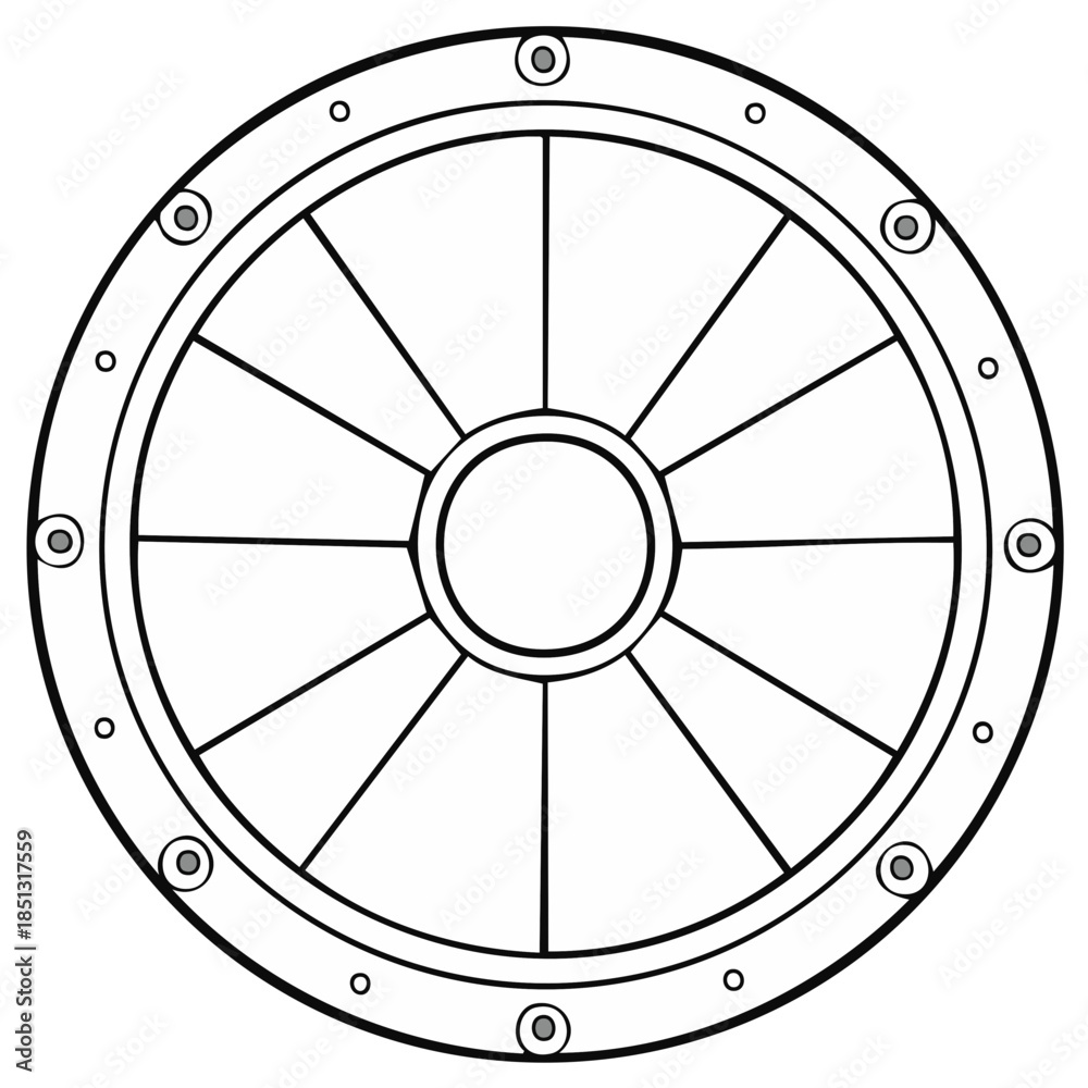 Fototapeta premium Circular shield with central disc and radial spokes design outline illustration