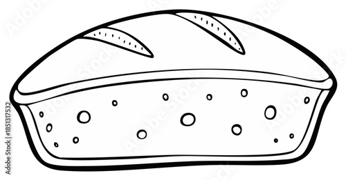 Black and white line art drawing of a loaf of bread in a baking pan for a coloring page
