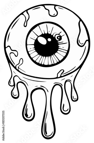 Creepy cartoon eyeball melting and dripping slime monochrome vector illustration
