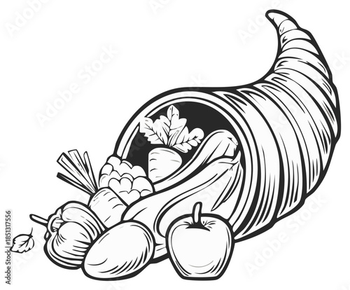 Cornucopia overflowing with assorted fruits and vegetables in black and white illustration