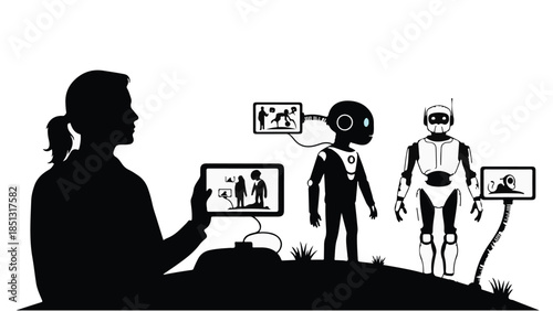 Silhouette of woman interacting with robots and digital devices on hill with thought bubbles and screens