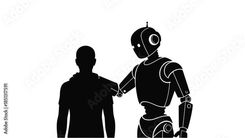 Robot and human silhouette, futuristic technology concept with artificial intelligence and human interaction in modern black and white illustration