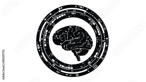 Brain inside circle with binary code, symbolizing artificial intelligence and neuroscience concept
