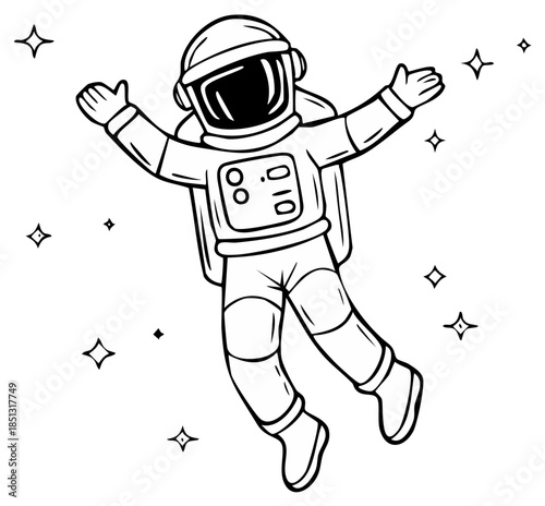 Whimsical astronaut floating weightlessly among stars in a playful outline style.
