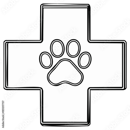 Vet cross symbol with a paw print, animal healthcare logo in outline.