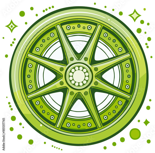 Vibrant green alloy car wheel rim illustration, depicting a sleek modern automotive design with shiny spokes and decorative elements.