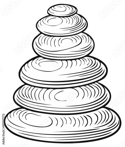 Stacked stones in balance, illustration. Black and white outline design representing harmony and equilibrium.