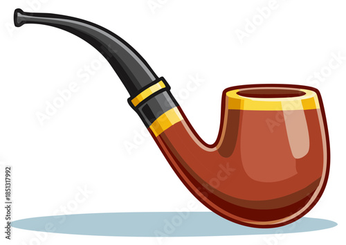 Illustrated tobacco pipe in wood with black mouthpiece, smoking culture concept