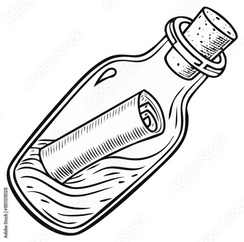Hand-Drawn Message in a Bottle with Cork Stopper Illustration
