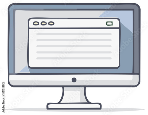 Cartoon style computer monitor with browser window displaying text information.