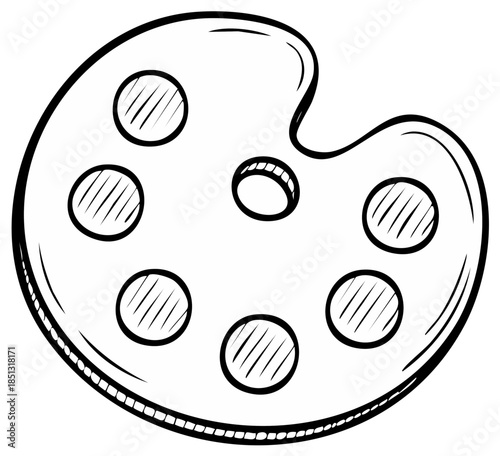 Artist's Oval Paint Palette with Six Circular Wells for Colors Hand Drawn Sketch