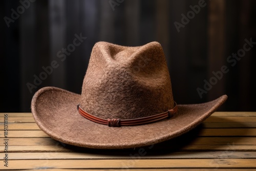 Brown felt akubra style hat on a light wooden slatted background