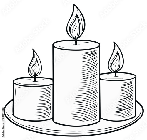 Sketched illustration of three burning candles on a plate.