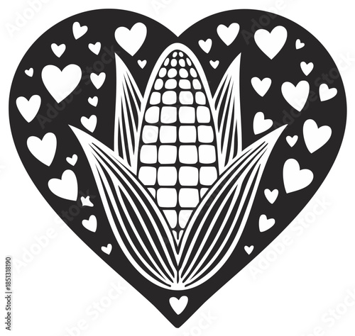 Stylized corn on the cob inside a black heart shape with a pattern of white hearts