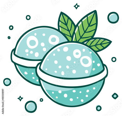 Two light blue bath bombs with green mint leaves and bubbles