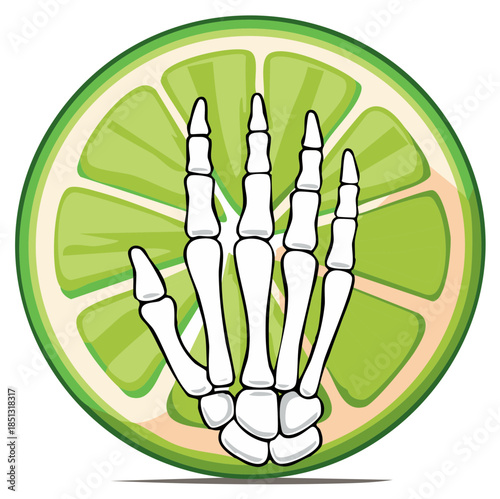 Abstract vibrant green lime fruit slice with eerie white skeleton hand vector illustration