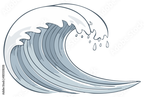 Stylized Japanese art inspired drawing of a large curling ocean wave with splashes