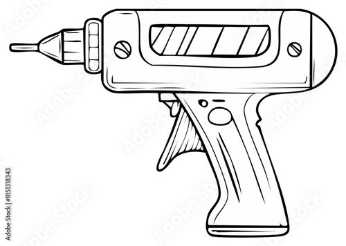 Outlined power drill illustration, featuring grip, drill bit, buttons, and screws on a white backdrop.