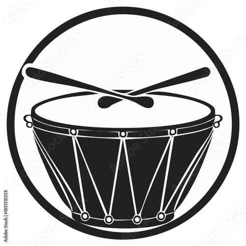 Drum and drumsticks inside a circle, musical instrument graphic