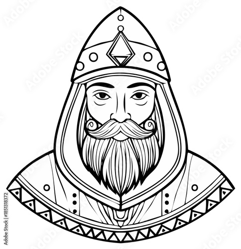 Stylized portrait of a bearded man with traditional attire, a hat, and a diamond.