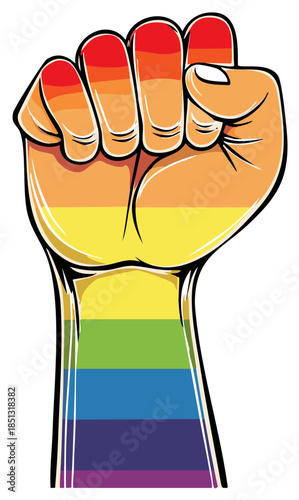 Fist clenched with rainbow flag colors symbolizing pride and activism in a vibrant graphic illustration