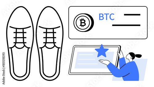 Online shopping, cryptocurrency payments, digital reviews, modern business, customer satisfaction, product ratings. shoes, Bitcoin currency device with a star review. E-commerce and cryptocurrency