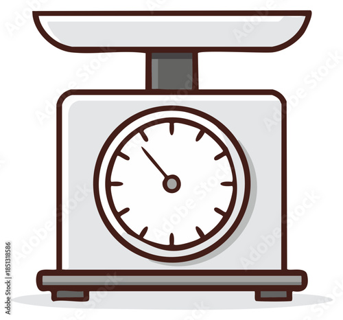 Cartoon kitchen scale measuring weight with dial and tray in an illustration.