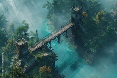 Medieval tower and bridge war map in misty valley. Ancient stone tower joins shaky bridge over deep water. Epic view enhances game battlefield.