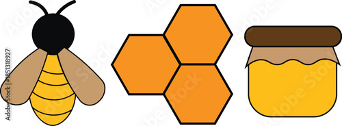 honey bee with honeycomb hexagon pattern and glass jar illustration for natural organic beekeeping and apiary concept isolated onwhite background.