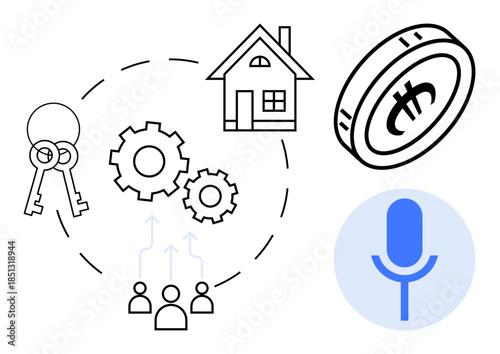 Real estate, finance, collaboration, technology, smart home, cryptocurrency integration. Outline icons of house, gear bitcoin coin keys microphone and people. Real estate and finance