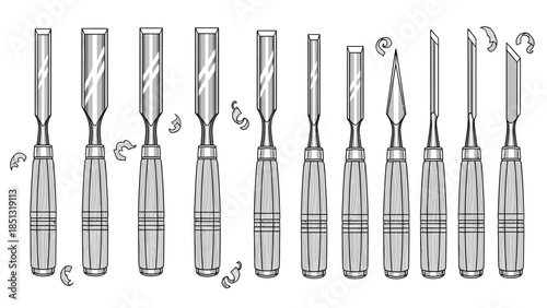 Isolated vector illustration of a steel screwdriver and metal tool set with screwdriver bits and a black silhouette icon of a bar knife on white