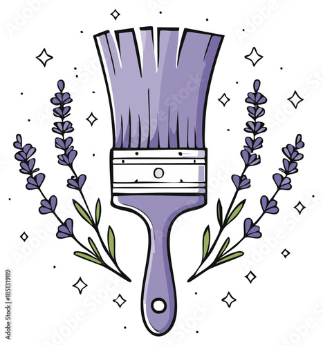 Illustrated Purple Paintbrush with Lavender Flowers and Sparkles